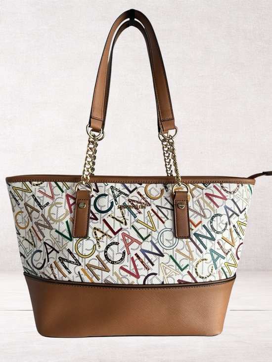 Calvin Klein Handbags - Calvin Klein White Multicolor Logo Tote with Brown Trim